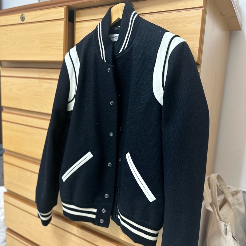 ysl  Saint Laurent Teddy 經典黑白羊毛棒球外套-2