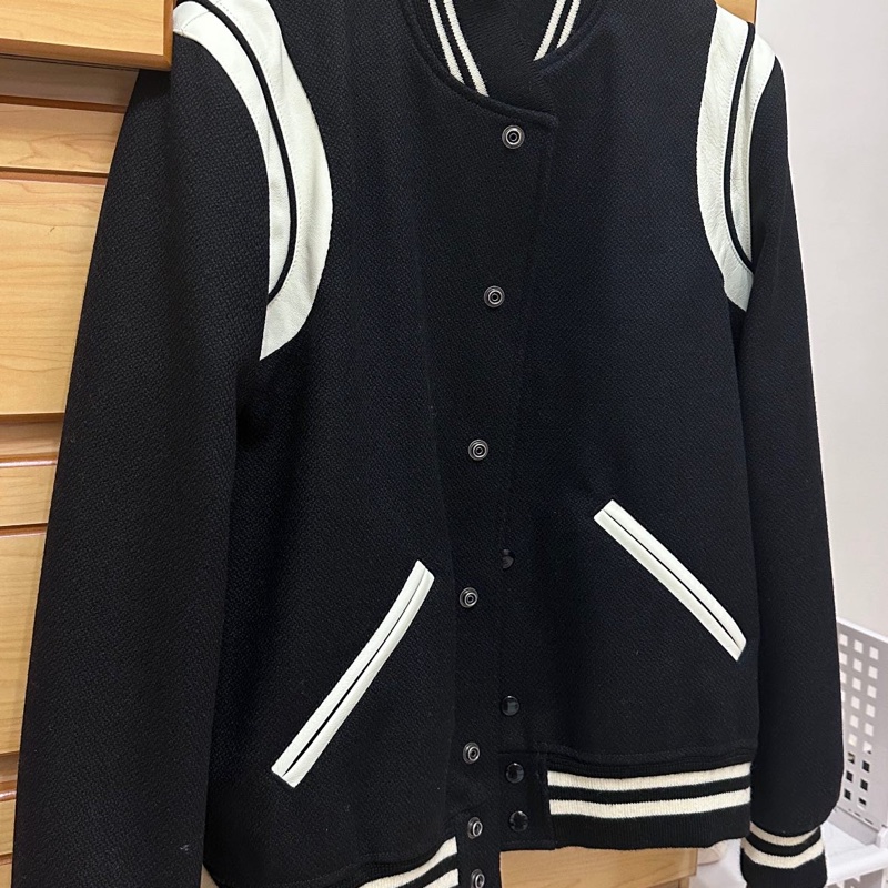 ysl  Saint Laurent Teddy 經典黑白羊毛棒球外套-3