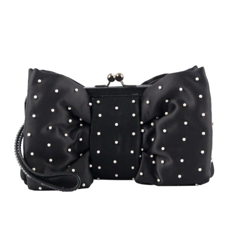 MOSCHINO 滿版珍珠蝴蝶結造型手拿包(黑色)-0