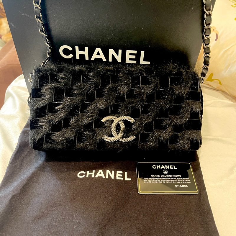 稀有毛草拼接工藝🏅超美釋出❤️❤️❤️ 香奈兒黑色拼接毛草鏈帶包 稀有毛草拼接翻蓋肩背包-0