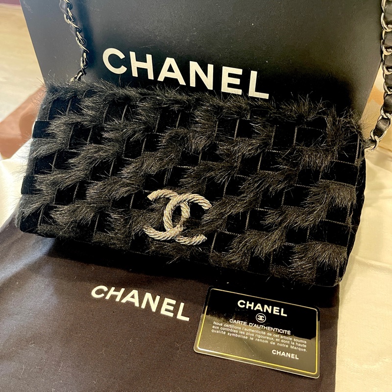 稀有毛草拼接工藝🏅超美釋出❤️❤️❤️ 香奈兒黑色拼接毛草鏈帶包 稀有毛草拼接翻蓋肩背包-1