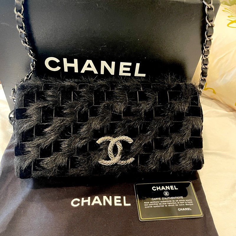 稀有毛草拼接工藝🏅超美釋出❤️❤️❤️ 香奈兒黑色拼接毛草鏈帶包 稀有毛草拼接翻蓋肩背包-2