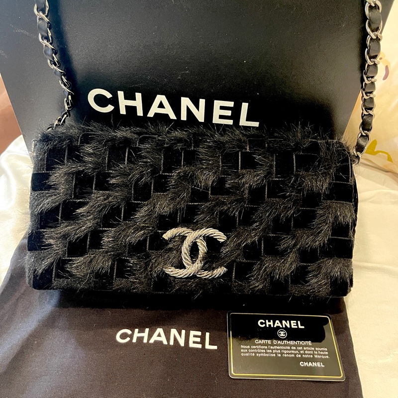 稀有毛草拼接工藝🏅超美釋出❤️❤️❤️ 香奈兒黑色拼接毛草鏈帶包 稀有毛草拼接翻蓋肩背包-3