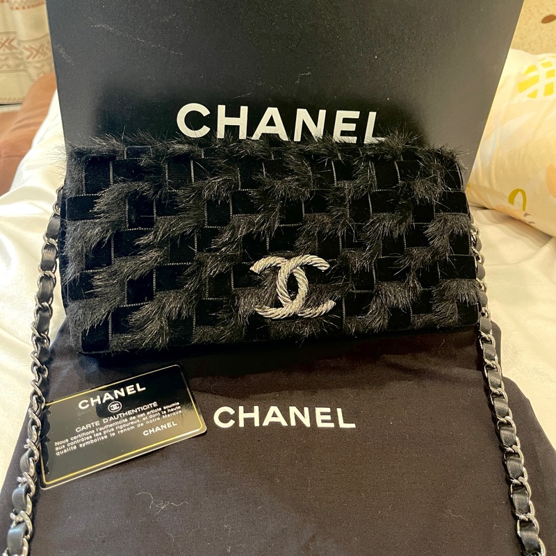 稀有毛草拼接工藝🏅超美釋出❤️❤️❤️ 香奈兒黑色拼接毛草鏈帶包 稀有毛草拼接翻蓋肩背包-13