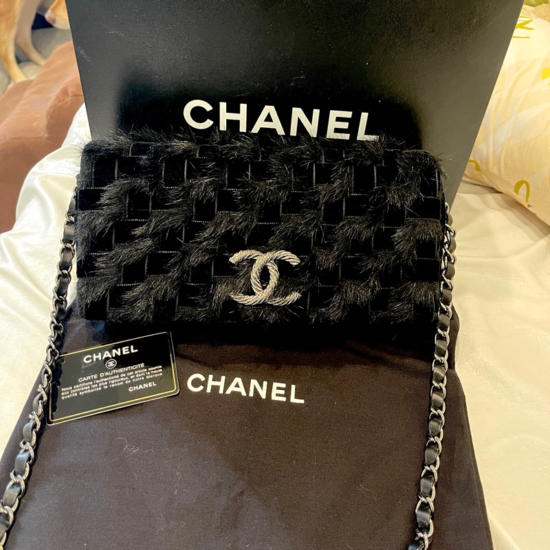 稀有毛草拼接工藝🏅超美釋出❤️❤️❤️ 香奈兒黑色拼接毛草鏈帶包 稀有毛草拼接翻蓋肩背包-14
