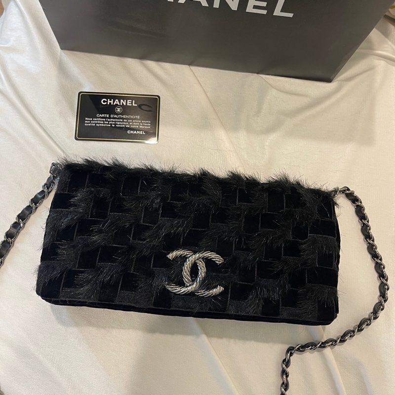稀有毛草拼接工藝🏅超美釋出❤️❤️❤️ 香奈兒黑色拼接毛草鏈帶包 稀有毛草拼接翻蓋肩背包-18