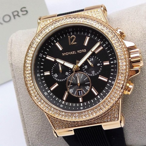 全新閒置正品 MICHAEL KORS Dylan 黑色矽膠錶帶 三眼計時 滿鑽男性/女性手錶MK8557