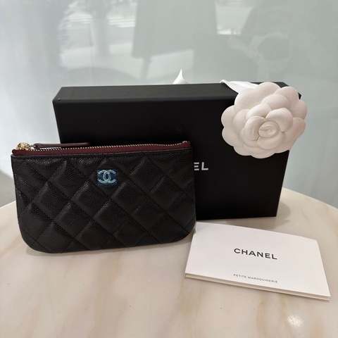 Chanel 淡金荔枝皮一字拉鍊零錢包附盒
