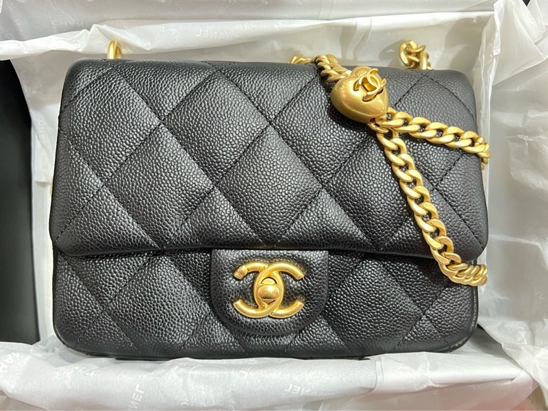 CHANEL香奈兒 愛心金球鏈條方胖子包 20公分荔枝皮-3