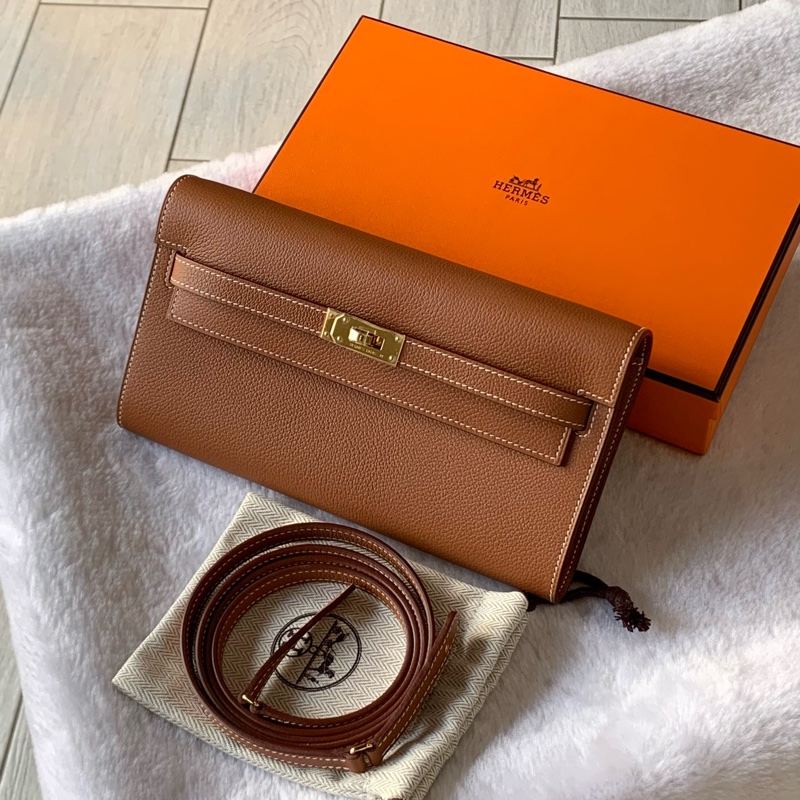 HERMES 金釦 Evercolor皮 Kelly To Go 皮夾式斜背包(金棕色)-0