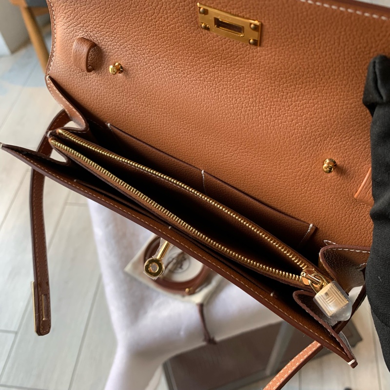 HERMES 金釦 Evercolor皮 Kelly To Go 皮夾式斜背包(金棕色)-8
