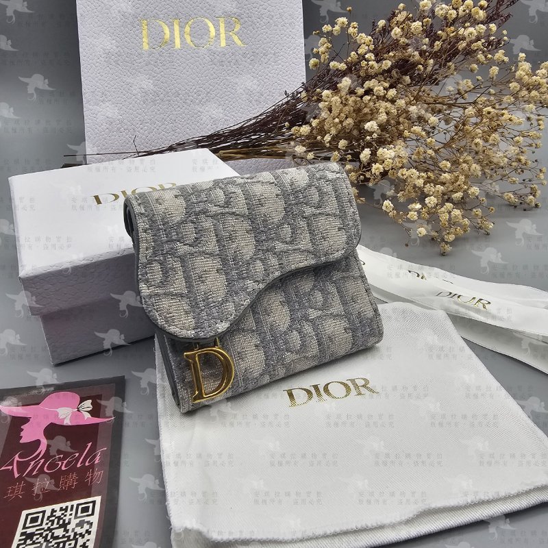 全新 Dior Saddle Lotus 銀包 短夾 灰色 Christian Dior 馬鞍袋 緹花 法國巴黎公司貨-0