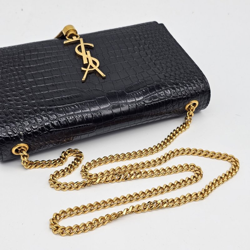YVES SAINT LAURENT YSL 黑色 鱷魚紋 KATE 流蘇 金扣 WOC包/信封包/斜背包-3