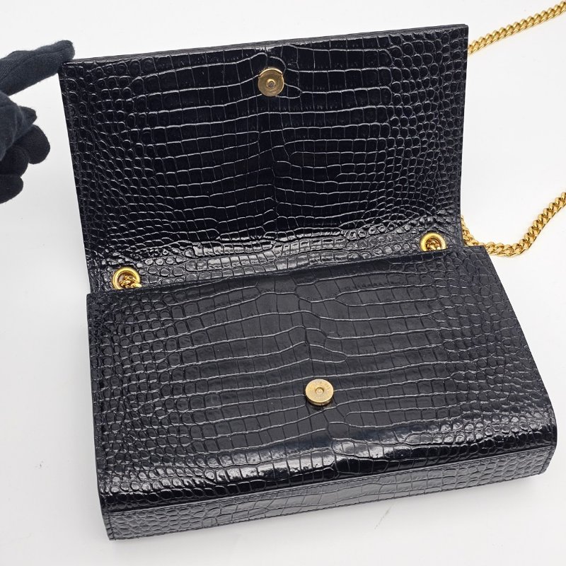 YVES SAINT LAURENT YSL 黑色 鱷魚紋 KATE 流蘇 金扣 WOC包/信封包/斜背包-4