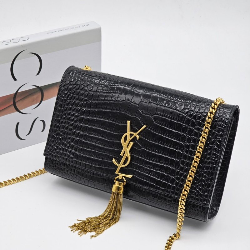 YVES SAINT LAURENT YSL 黑色 鱷魚紋 KATE 流蘇 金扣 WOC包/信封包/斜背包-0