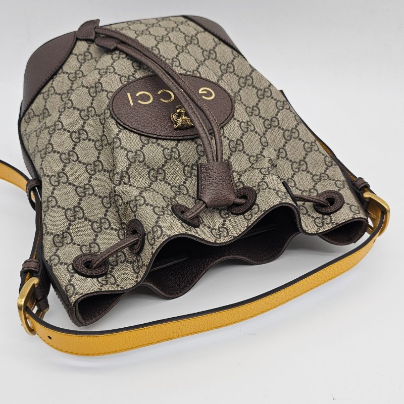 GUCCI 古馳 卡其咖 帆布 皮革飾邊 虎頭 束口 手提包/肩背包/後背包-2