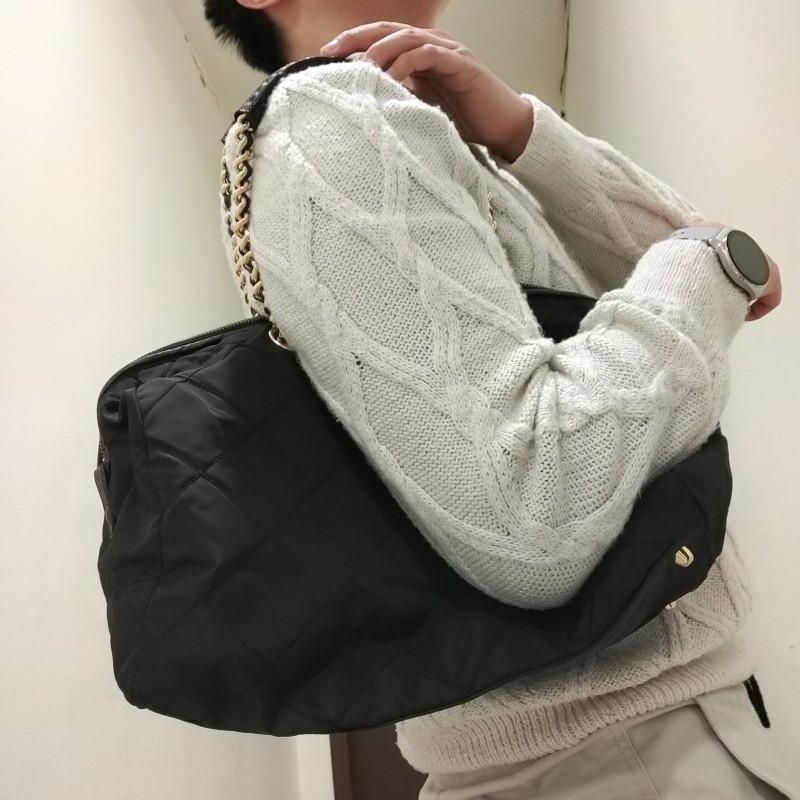 🌴老闆出國渡假♥️限時一週隨便買♥️【8成新】㊣✨ PRADA✨普拉達（附防塵袋）黑色 菱格紋 金屬鍊 帆布 肩背包 手提包 托特包/二手包/二手精品/保證正品-39