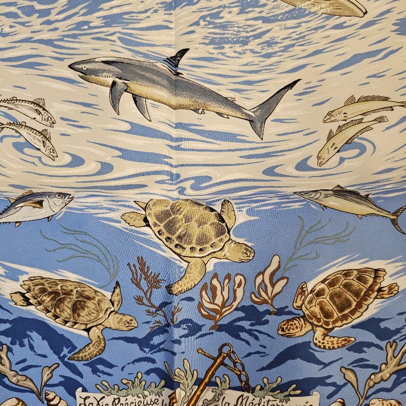 hermes 海洋海龜絲巾. LA VIE PRECIEUSE DE LA MEDITERRANEE HERMES SCARF BY ROBERT DALLET 90 CM SILK NIB-9