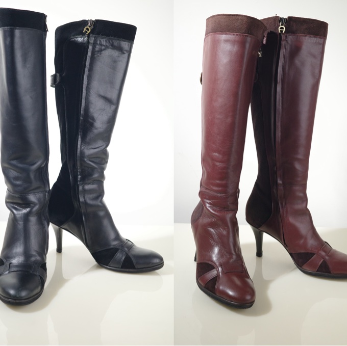 AIGNER 麂皮拼接真皮騎士靴咖啡色低跟-0