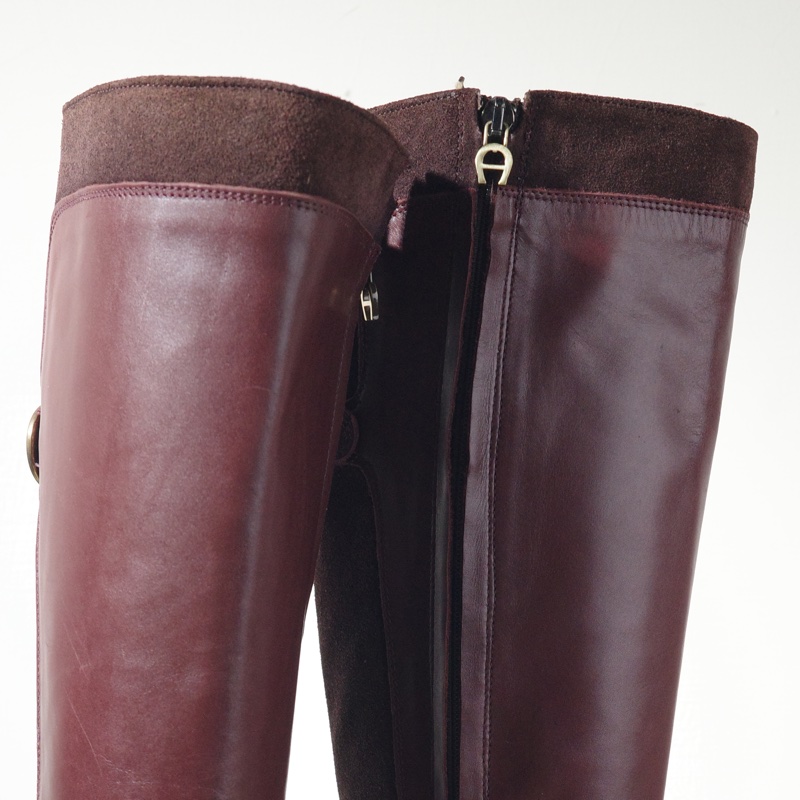 AIGNER 麂皮拼接真皮騎士靴咖啡色低跟-1