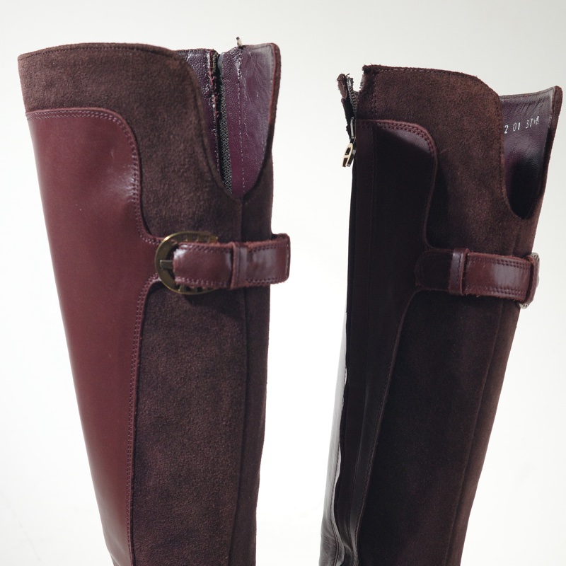 AIGNER 麂皮拼接真皮騎士靴咖啡色低跟-3