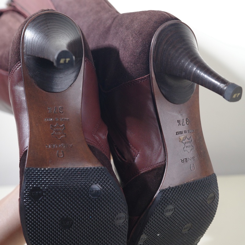 AIGNER 麂皮拼接真皮騎士靴咖啡色低跟-6