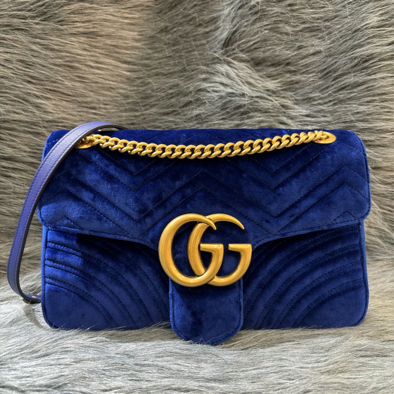 GUCCI 443496 MARMONT  藍色 絨布 金釦 金鍊 肩背包 斜背包 學院包 相機包-0