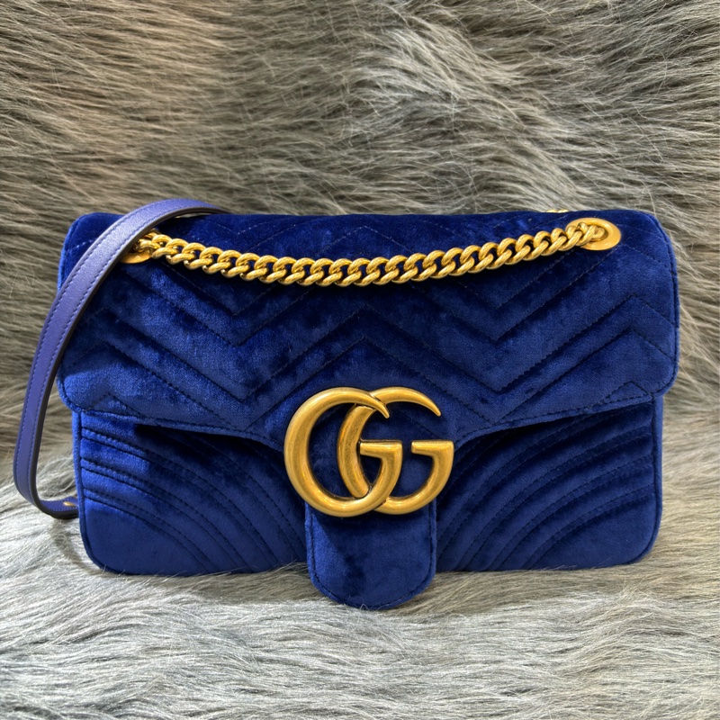GUCCI 443496 MARMONT  藍色 絨布 金釦 金鍊 肩背包 斜背包 學院包 相機包-1