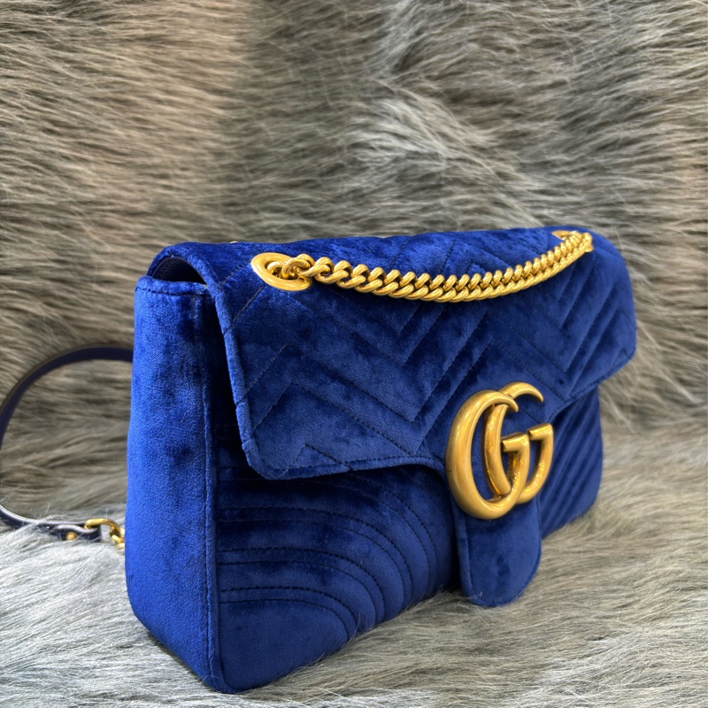 GUCCI 443496 MARMONT  藍色 絨布 金釦 金鍊 肩背包 斜背包 學院包 相機包-3