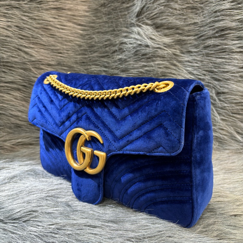 GUCCI 443496 MARMONT  藍色 絨布 金釦 金鍊 肩背包 斜背包 學院包 相機包-4