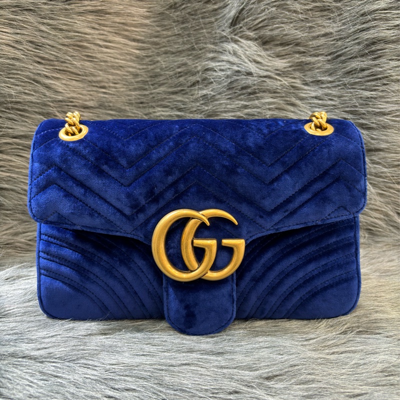 GUCCI 443496 MARMONT  藍色 絨布 金釦 金鍊 肩背包 斜背包 學院包 相機包-5