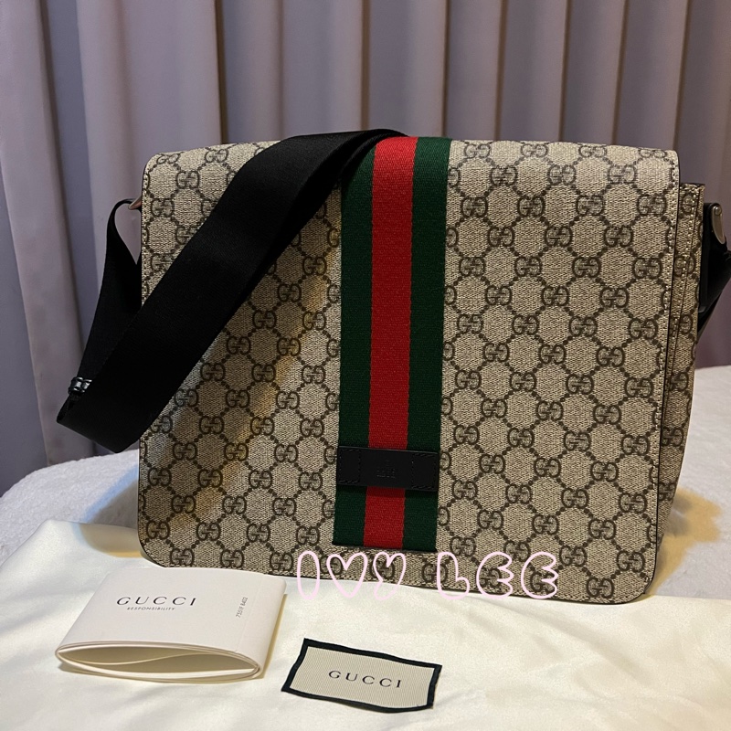 GUCCI GG Supreme（已售出） 綠紅織帶帆布翻蓋斜背包 肩背包 475432 近新 二手精品-0