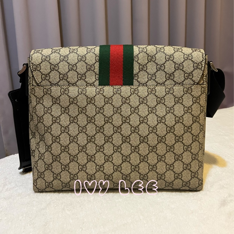 GUCCI GG Supreme（已售出） 綠紅織帶帆布翻蓋斜背包 肩背包 475432 近新 二手精品-1