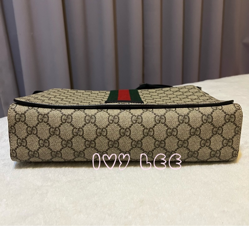 GUCCI GG Supreme（已售出） 綠紅織帶帆布翻蓋斜背包 肩背包 475432 近新 二手精品-2
