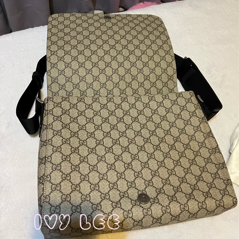 GUCCI GG Supreme（已售出） 綠紅織帶帆布翻蓋斜背包 肩背包 475432 近新 二手精品-4