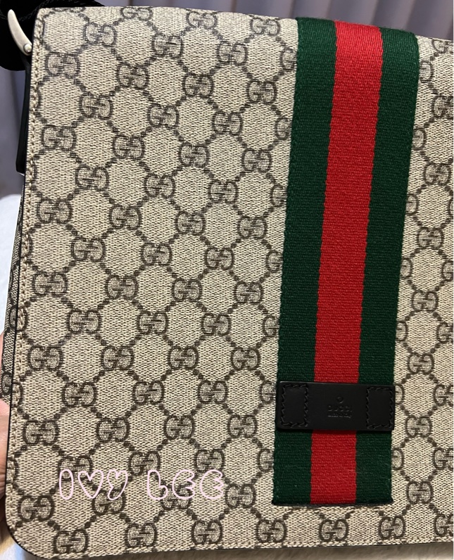 GUCCI GG Supreme（已售出） 綠紅織帶帆布翻蓋斜背包 肩背包 475432 近新 二手精品-18