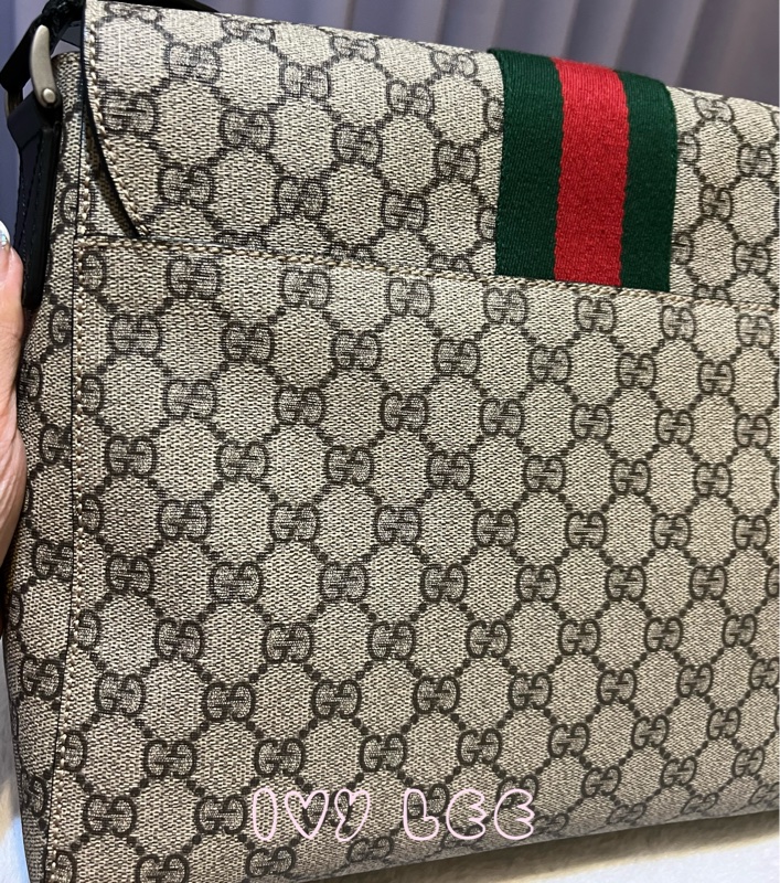 GUCCI GG Supreme（已售出） 綠紅織帶帆布翻蓋斜背包 肩背包 475432 近新 二手精品-20