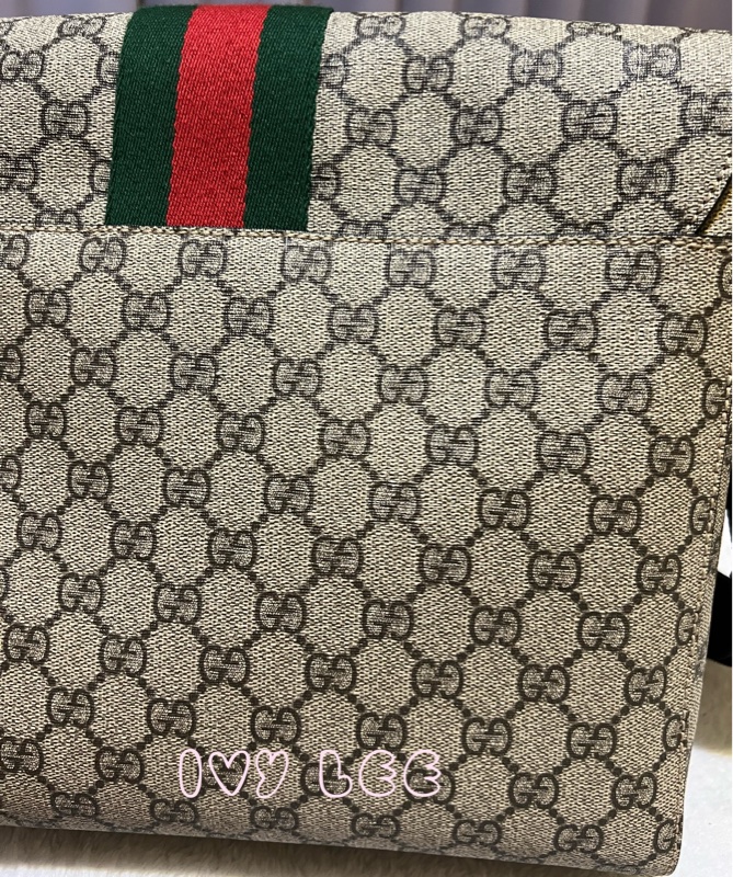 GUCCI GG Supreme（已售出） 綠紅織帶帆布翻蓋斜背包 肩背包 475432 近新 二手精品-21
