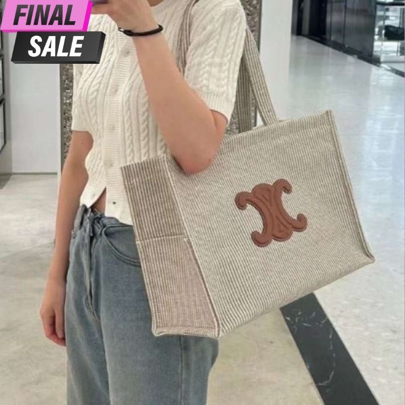 【促銷品】Celine 196762 大款凱旋門緹花條紋織物 Cabas Thais包-0
