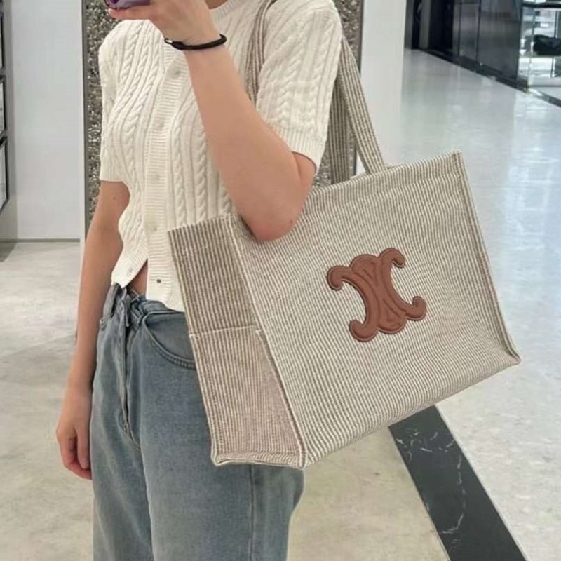 【促銷品】Celine 196762 大款凱旋門緹花條紋織物 Cabas Thais包-1