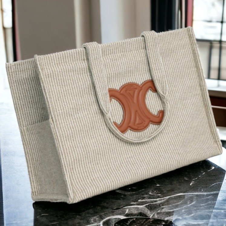 【促銷品】Celine 196762 大款凱旋門緹花條紋織物 Cabas Thais包-4