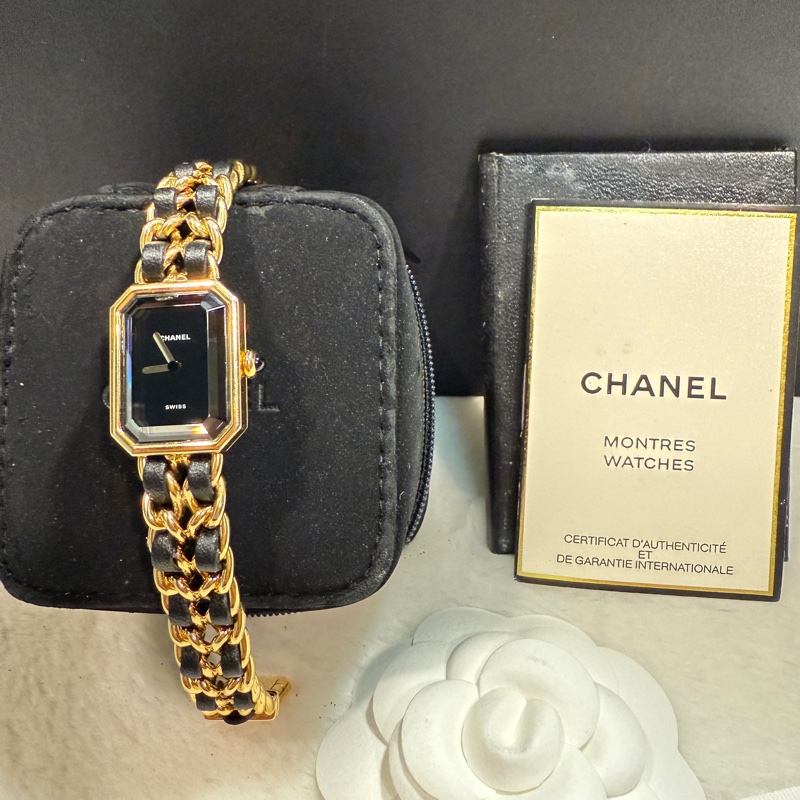 CHANEL 香奈兒 皮穿繩黑金 方糖 首映錶L號-0