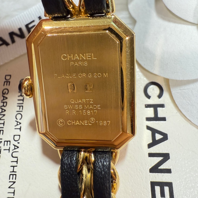 CHANEL 香奈兒 皮穿繩黑金 方糖 首映錶L號-6