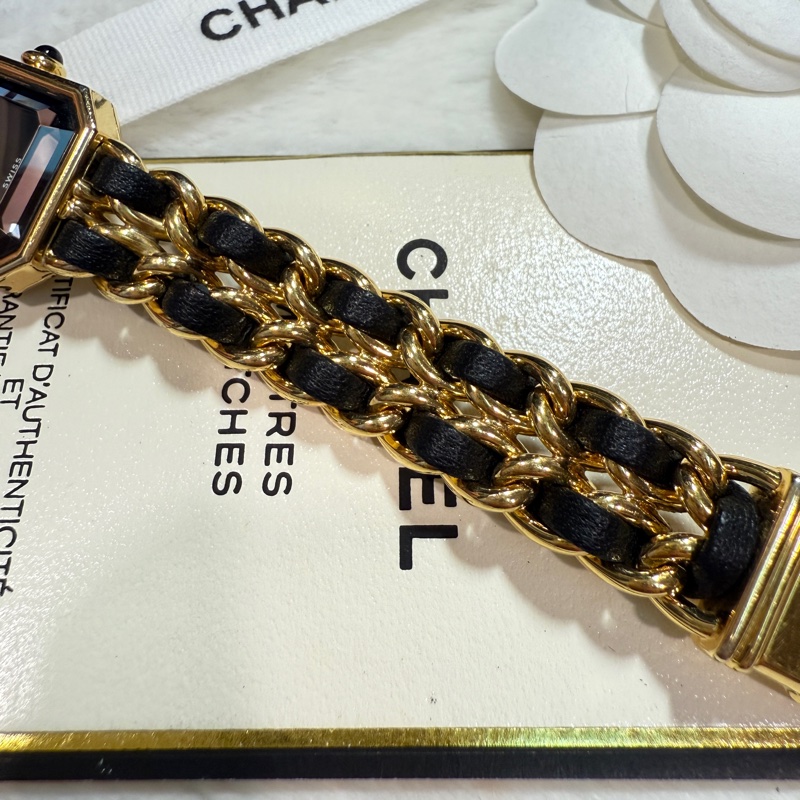 CHANEL 香奈兒 皮穿繩黑金 方糖 首映錶L號-7