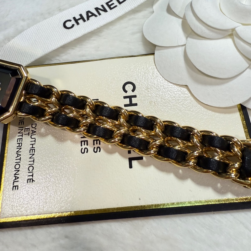 CHANEL 香奈兒 皮穿繩黑金 方糖 首映錶L號-10
