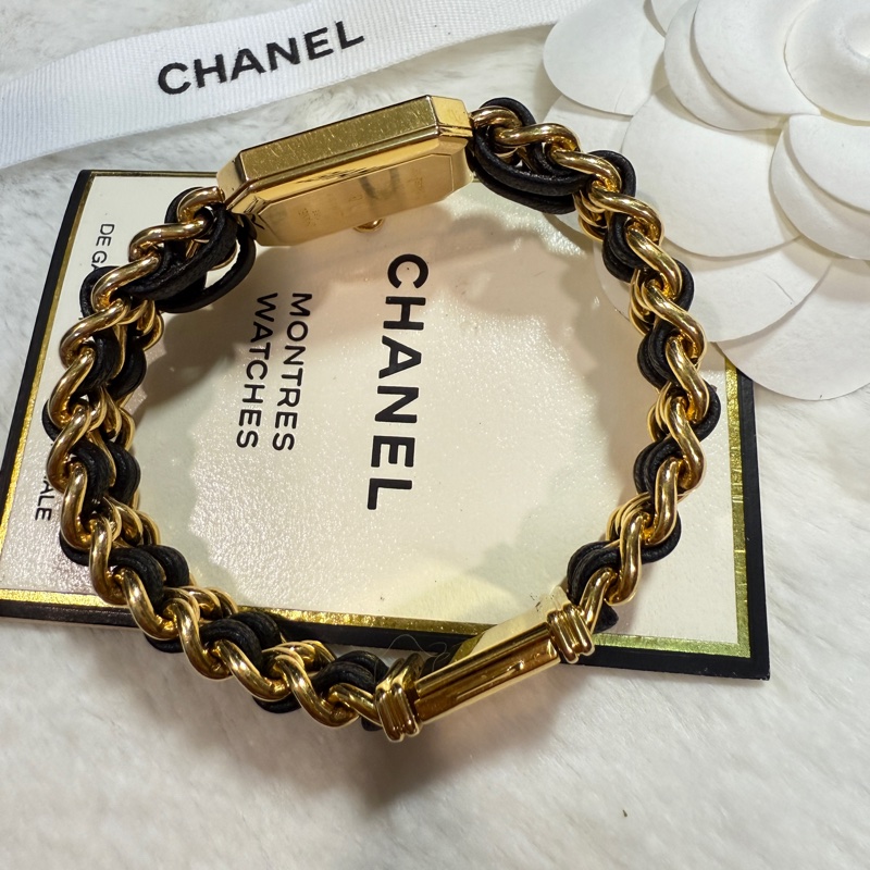 CHANEL 香奈兒 皮穿繩黑金 方糖 首映錶L號-15