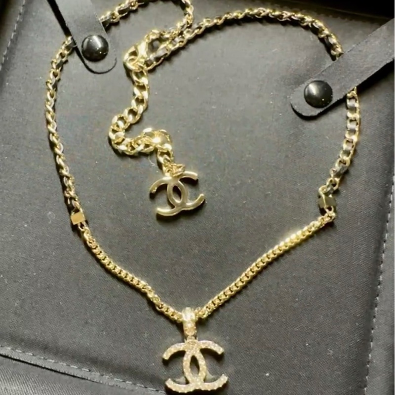 全新Chanel 24P 水鑽雙C 皮穿鍊項鍊-5