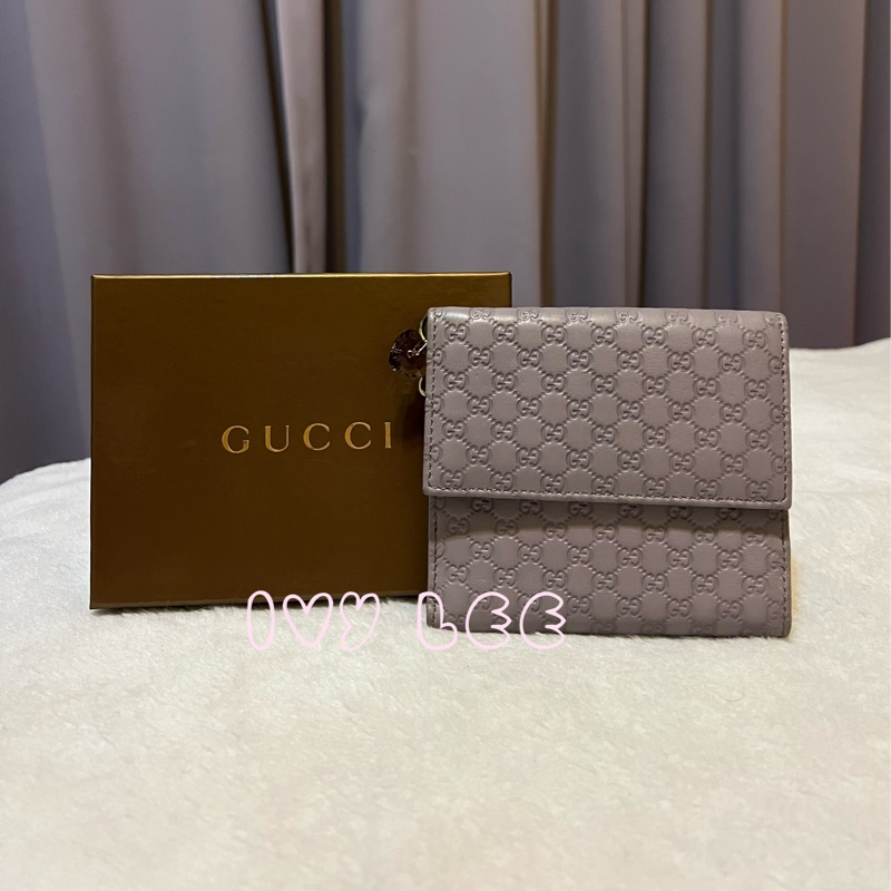 GUCCI(已售出)282579 丁香紫 GG壓紋 金屬釦環裝飾 短夾 二手精品-0