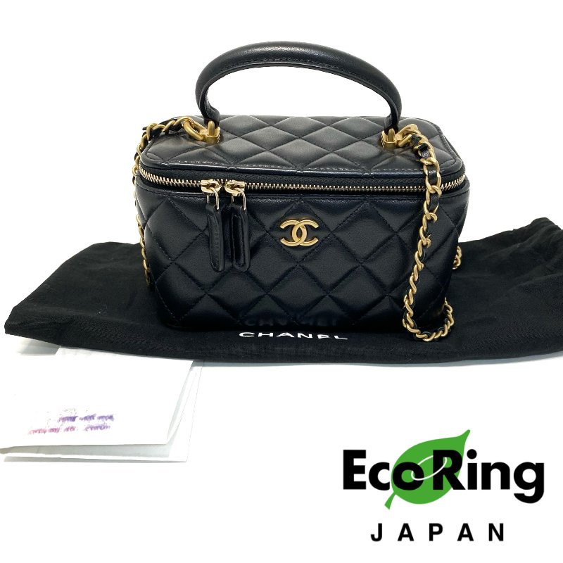 △ Chanel 香奈兒 Black Lambskin Gold-tone Metal Chain black Pink Handle Vanity Case 黑色羊皮金色金屬鏈條黑粉色手柄化妝箱 AP2199 - 247005194-0
