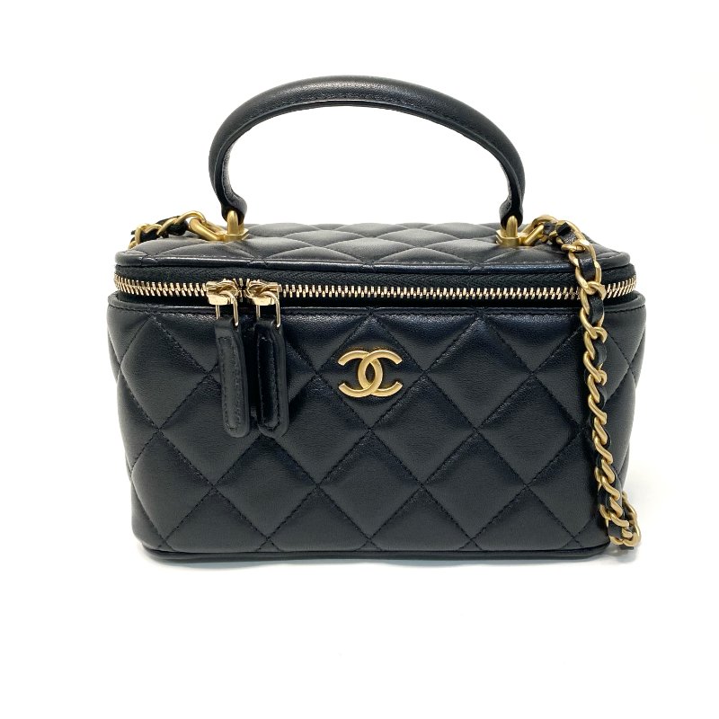 △ Chanel 香奈兒 Black Lambskin Gold-tone Metal Chain black Pink Handle Vanity Case 黑色羊皮金色金屬鏈條黑粉色手柄化妝箱 AP2199 - 247005194-1